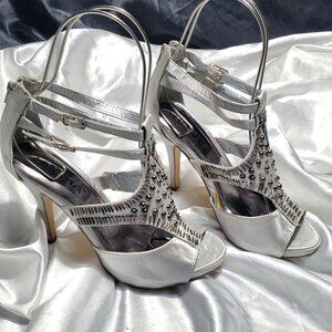NEW LILIANA silver satin gladiator strappy platform heeled sandals silver studs